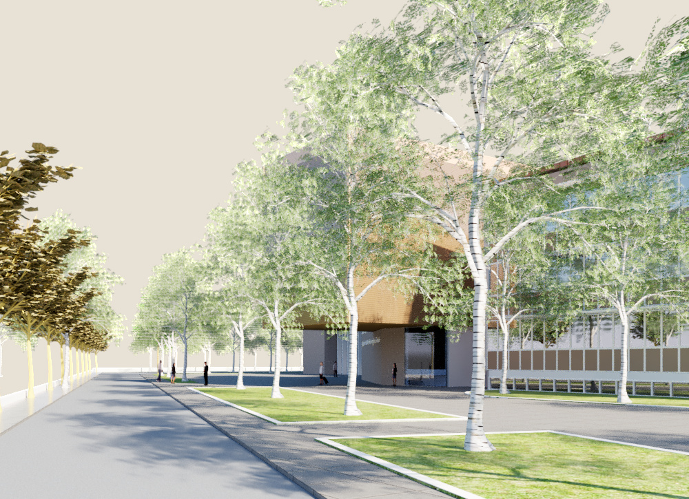 Render del viale interno del nuovo Liceo P.E. Imbriani