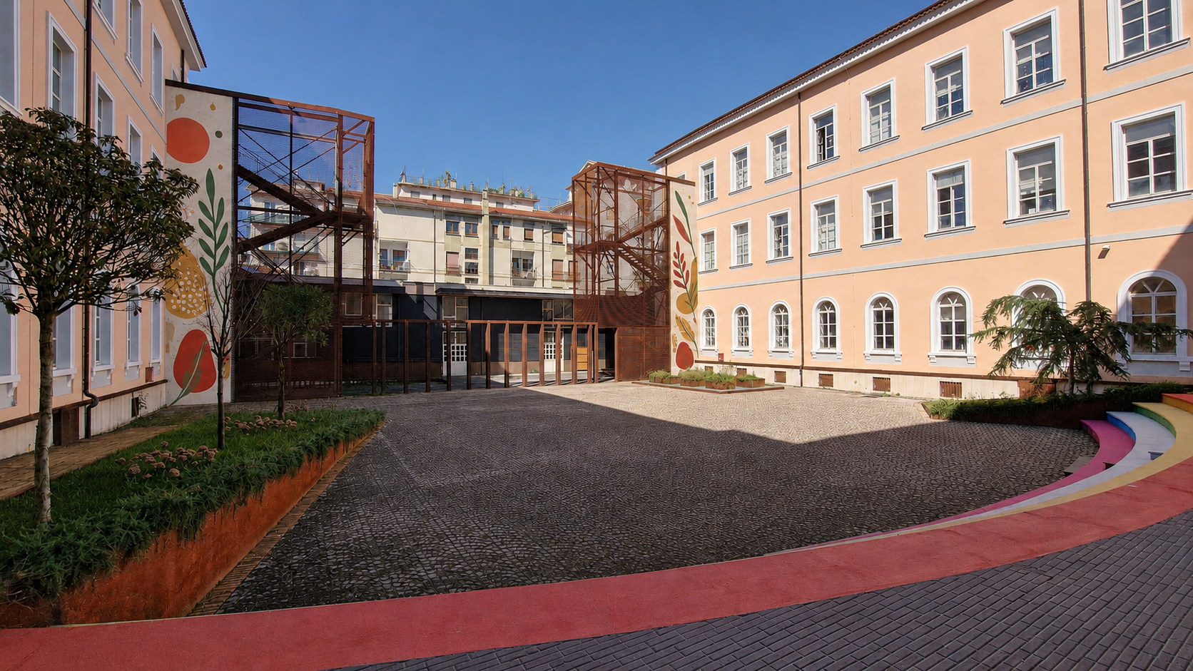 Vista della corte restaurata del Palazzotto con due murales botanici originali sulle torri metalliche
