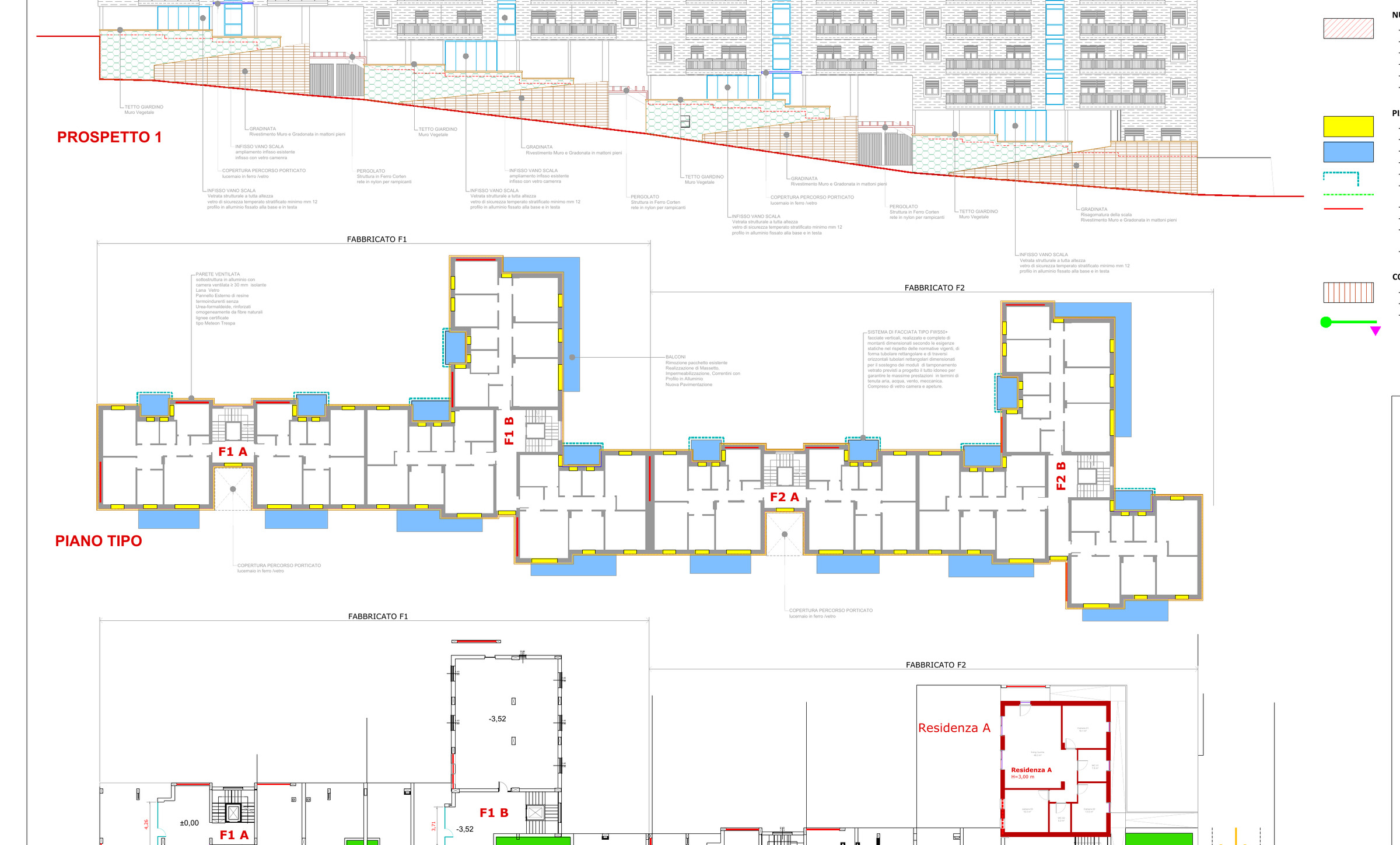 Piante e prospetto degli interventi sui fabbricati ERP F1 e F2 del Rione Parco