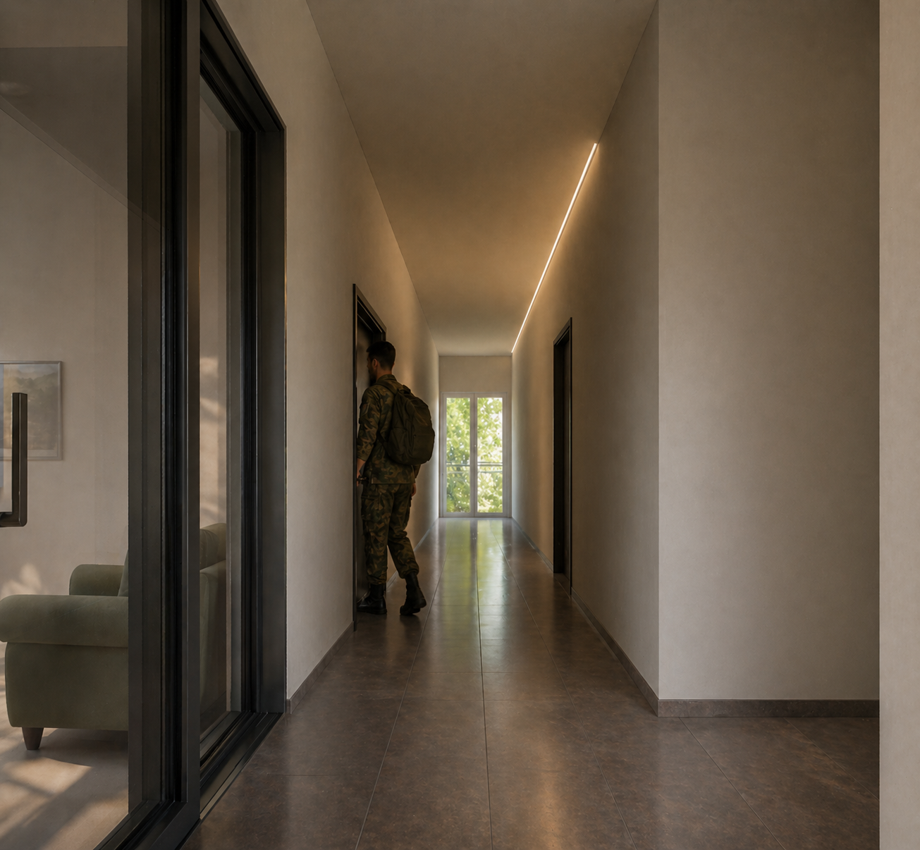 Corridoio interno dello Studentato Caserma Pisacane con illuminazione naturale terminale