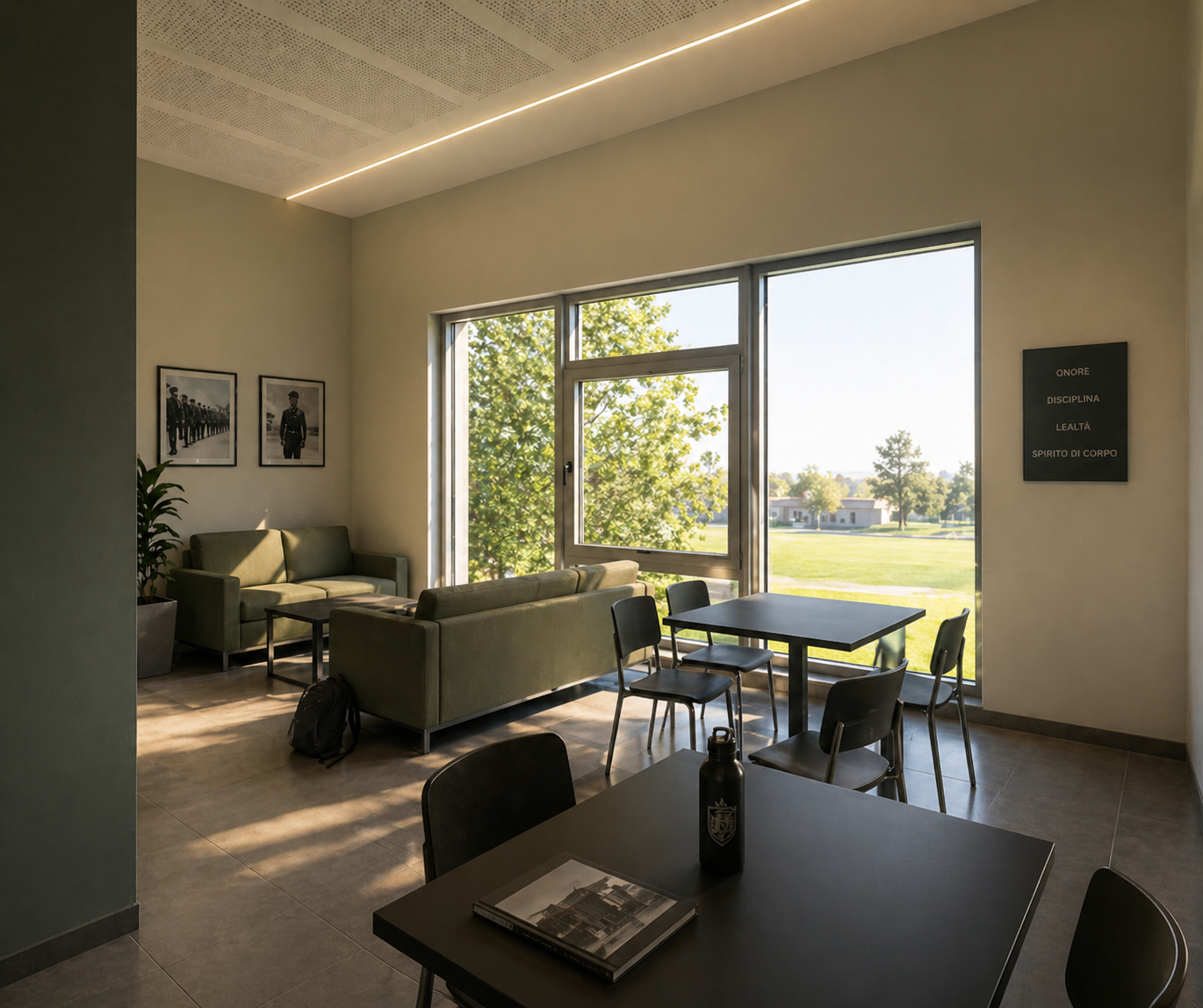 Spazio comune dello Studentato Caserma Pisacane illuminato naturalmente e affacciato sul verde