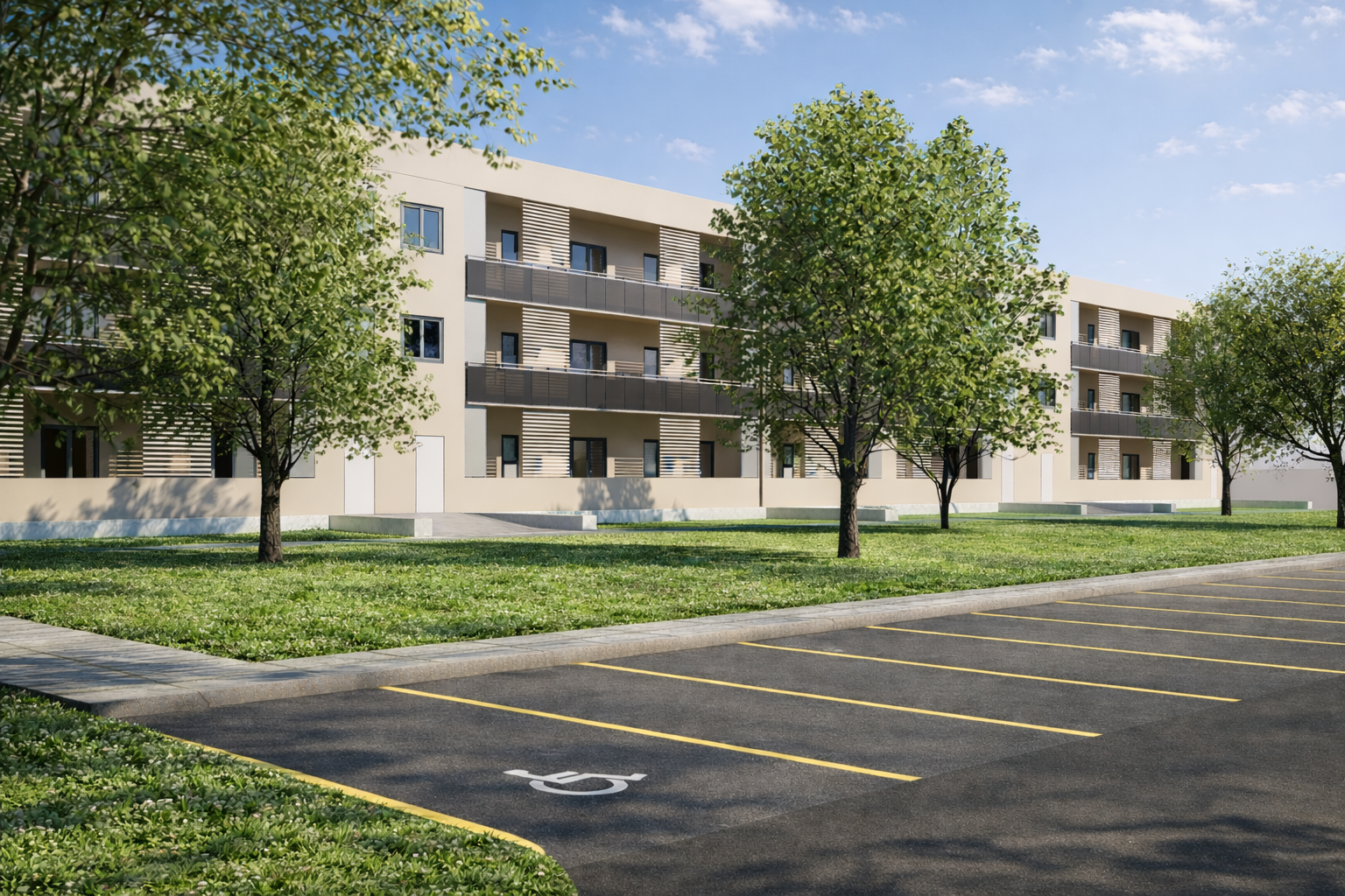 Vista dello studentato dal parcheggio inerbito con verde profondo e percorso accessibile